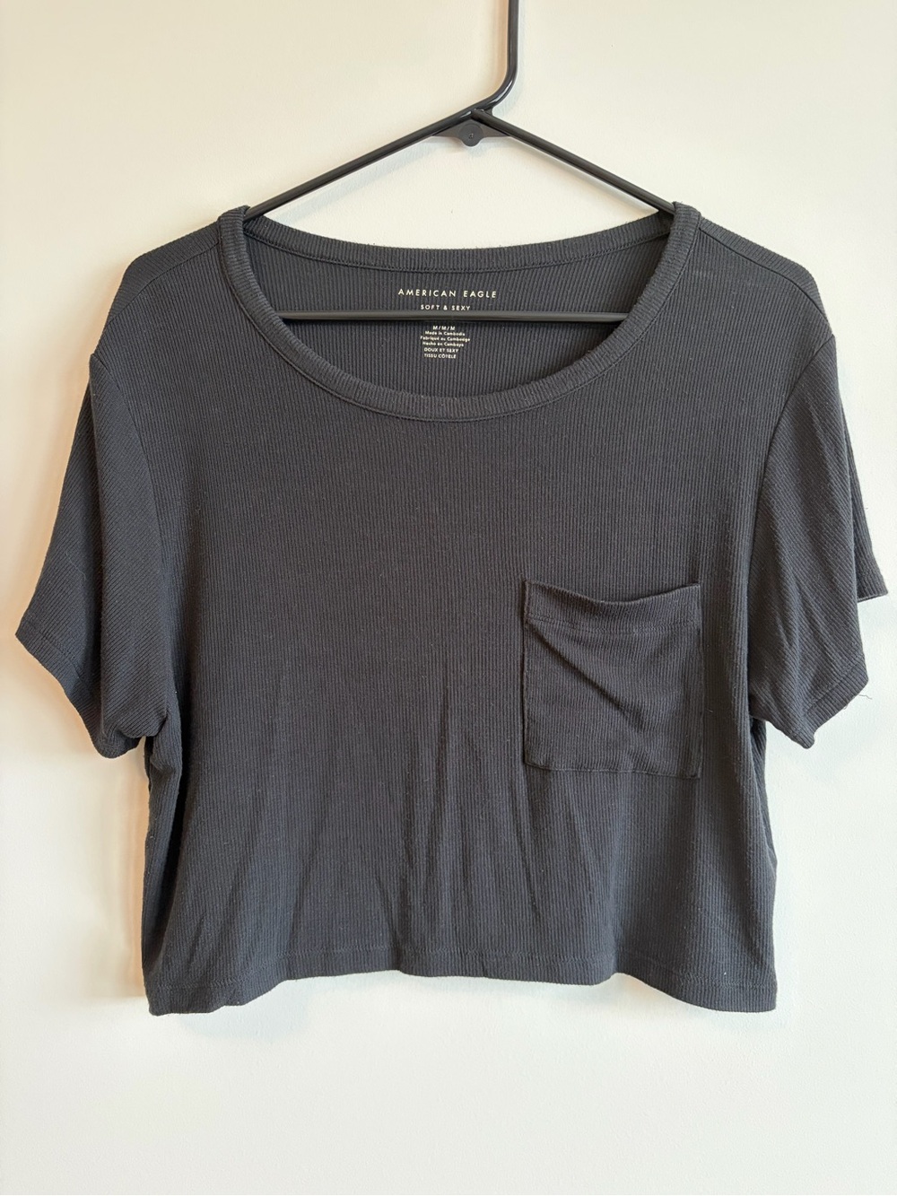 American Eagle Outfitters Charcoal Cropped Pocket Tee Soft & Sexy Rib Medium